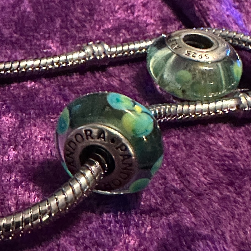 Authentic Sterling Silver 925 Ale Pandora green, blue, yellow glass Murano